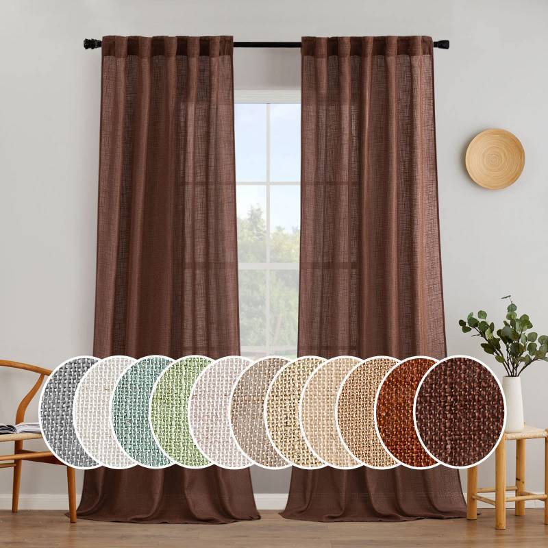 lot 4982 image: MIULEE Chocolate Brown Linen Curtains 108 Inches Long for Bedroom Living Room, Soft Thick Linen Textured Window Drapes Semi Sheer Light Filtering Rod Pocket Back Tab Burlap Look, 2 Panels
