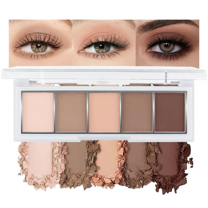 lot 5208 image: 5 Color Matte Eyeshadow Palette, Neutral Nude Brown Eye Shadow Kit with Ivory Peach Nude Mocha Shades, Highly Pigmented Blendable Long Lasting for Daily Makeup Mature Eyes. Sombras mate marrones 01#
