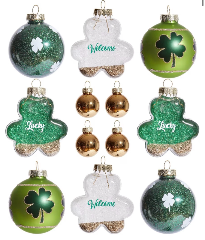 lot 5458 image: WDS WONDROUS 12-Piece St Patricks Day Ornaments Set, Mixed Size Shamrock Lucky Welcome Decor with Gold Glitter for Christmas Tree Home Party Spring Decor, Irish Glass Ball Hanging Decorations