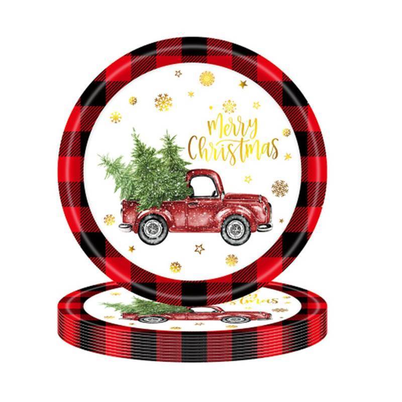 lot 954 image: Christmas Paper Plates Rustic Truck Red Black Plaid Border Printed Round Disposable Plates Dinnerware for Christmas Holiday Dinner Birthday Party Supplies (24 Pcs)