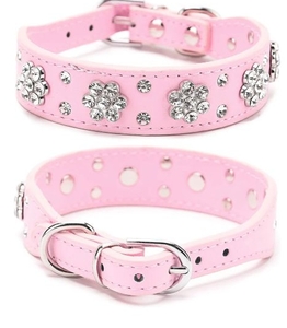 lot 5289 image: Pink Rhinestone Flower Studded PU Leather Dog Collar