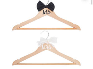 lot 5715 image: 2 Pcs Mr and Mrs Hangers Bride Hanger Wedding Dress Grooms Attire Hanger Elegant Wooden Rack Hangers Set with Bow Tie for Wedding Dress Tuxedo Suit Bride Gift