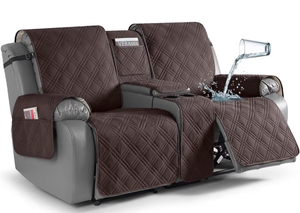 lot 5734 image: TAOCOCO Loveseat Recliner Cover with Center Console, 100% Waterproof Pet Cover for Dual Recliner with Straps Design, Split Reclining Loveseat Covers Furniture Pet & Kids Protector (2 Seater, Chocolate)