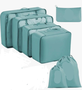 lot 5745 image: 8-piece Set Travel Organizer Storage Bags Suitcase Toiletries Shoe Clothes Tidy Pouch,Packing Cubes Cases, Accessories (Teal) (Zipper on 3rd Biggest tote needs fixed)