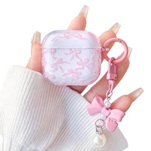lot 5749 image: Lovmooful Compatible for AirPods 3rd Case Cute Clear Ribbon Bowknot with Lovely Pearl Chain Design for Women Girls Soft TPU Shockproof Protective Cover Case for Airpods 3 - Pink