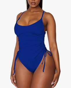 lot 5769 image: Viottiset Womens Ruched High Cut One Piece Swimsuit Tummy Control Bathing Suit Monokini (Blue Leopard Print) Large