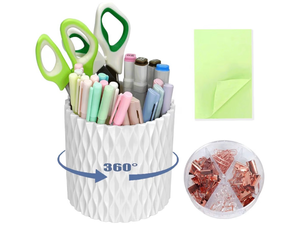lot 5777 image: 3Pcs 360° Rotating Desk Organizers and Accessories with Pen Holder Sticky Note and Clips Set, Desktop Storage Stationery Supplies Organizer, Cute Pencil Cup for Office, School, Dorm Room