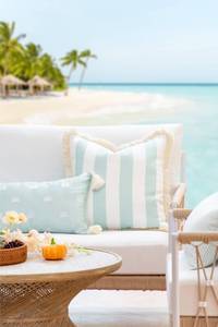 lot 5808 image: Hofdeco Premium Fall Coastal Patio Indoor Outdoor Pillow Cover Only, 20x20 Water Repellent for Backyard, Couch, Muted Aqua Stripe Fringe