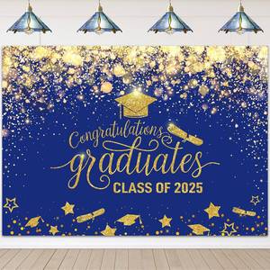 lot 5809 image: Avezano 8x6ft Graduation Backdrop Navy Blue and Gold Class of 2025 Backdrops Congrats Grad Party Banner Graduation Party Decorations