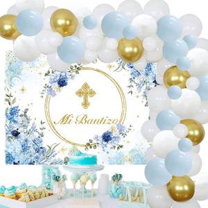 lot 6011 image: Baptism Party Decorations with Mi Bautizo Backdrop Banner,Blue Gold Baptism Balloon Garland Arch Kit for First Holy Communion Party Baby Shower Supplies (Blue)