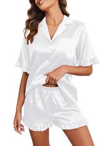 lot 6016 image: Ekouaer Womens Satin Pajamas Set Button Down Silk 2 Piece Pj Sets Ruffled Short Sleeve Sleepwear,White,M