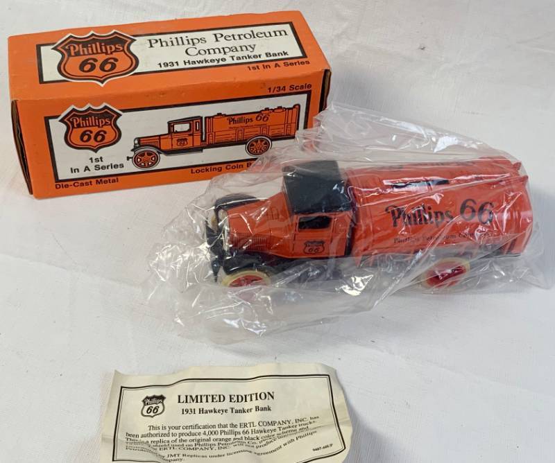 lot 8003 image: Phillips 66 - 1st in a Series - Die-Cast Metal - 1931 Hawkeye Tanker Bank - ERTL 9407UP