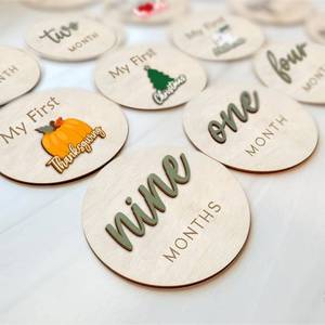 lot 5839 image: Monthly Baby Milestone Maker Discs, Baby Milestone Signs for Newborn Baby, Hello World Newborn Sign for Girl & Boy, Baby Announcement Sign for 1-12 Month, Milestone Wooden Circles (Sage)