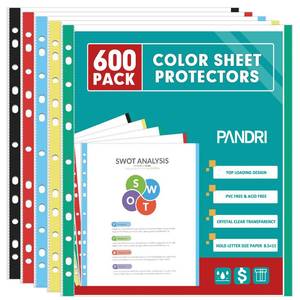 lot 5872 image: Sheet Protectors, PANDRI 600 Pack Color Heavy Duty Plastic Page Protectors Sheet Reinforced 11-Hole Fit for 3 Ring Binder Fits Standard 8.5 x 11 Paper, 9.25 x 11.25 Top Loaded, Excluding Acid - Retail $32