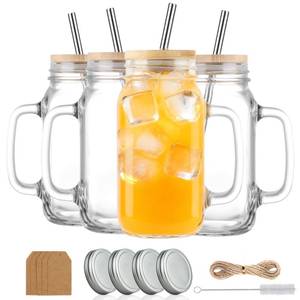 lot 5880 image: LOSANJI 24 oz Mason Jar Cups with Handles, Wide Mouth Iced Coffee Cup with Bamboo Lids & Straws, Large Glass Bottle Mug Drinking Jars Tumbler for Smoothie Cold Water Juice Party Beverages, Set of 4