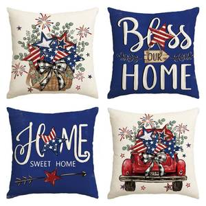 lot 5919 image: AVOIN colorlife Bless Our Home Eucalyptus Stars Fireworks Car Blue Throw Pillow Covers, 18 x 18 Inch 4th of July Patriotic Independence Memorial Day USA Flag Cushion Case for Sofa Couch Set of 4