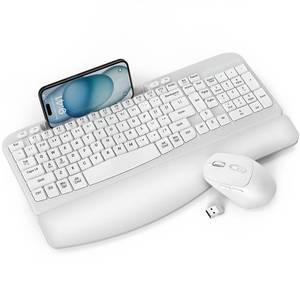 lot 5922 image: Wireless Keyboard and Mouse Combo, Full-Sized Ergonomic Wave Keys Keyboard with Memory Foam Wrist Rest & Phone Holder, 2.4G Quiet Keyboard Mouse Work Setup for PC Laptop, Office or Home (White) - Retail $43