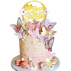 lot 5945 image: 35PCS Butterfly Cake Topper Decorations with Artificial Flowers for Anniversary Butterfly Birthday Supplies (Pink Gold)