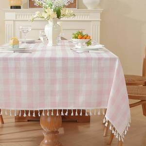 lot 5947 image: gillhov Gingham Tablecloth Rectangular, Tassels Checkered Table Cloth Washable Cotton Linen Plaid Table Cover for Spring Summer Kitchen Dining Party,Pink and White,55x70