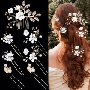 lot 5952 image: 7 PCS Bridal Flower Wedding Hair Clips Crystal Pearl Hair Pins Headpiece Side Bridal Comb Gold Wedding Hair Accessories Jewelry for Brides Bridesmaids Women Girls Updo(White)