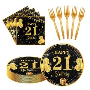 lot 5958 image: LDFDRT 21th 7 inch Birthday Party Paper Plates and Napkins Forks 60 pcs Black Gold Birthday Decorations for Boys Girls Tableware Set Anniversary Party Supplies,Serve 20