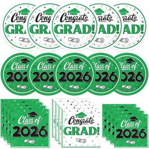 lot 5988 image: BAIVV Graduation Decorations 2026, 200 Pcs Class of 2026 Graduation Party Supplies Kit with Paper Plates, Luncheon and Cocktail Napkins, Congrats Grad Decorations for 50 Guests (Green)