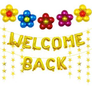 lot 5992 image: 16 Inch Gold WELCOME BACK Balloon Banner, Mylar Letter Balloons with 18 Inch 5-Petal Flower Balloons and Gold Star Garlands for Back to School, Office Return, Welcome Home Party Decorations