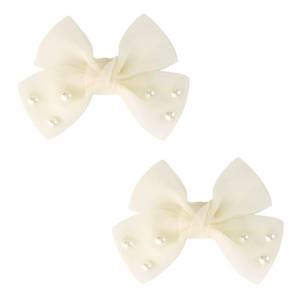 lot 5993 image: 3.2 Dreamy Tulle Hair Bows with Pearls Elegant Alligator Clips for Baby Girls & Toddlers  Gentle & Charming Accessories for Celebrations & Gifts-Ivory