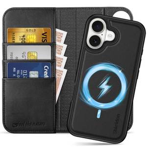 lot 6024 image: SHIELDON 2-in-1 Wallet Case for iPhone 17 6.3 2025  Genuine Leather  Detachable Design  Wireless Charging  RFID Blocking Card Holder  Folio Magnetic Cover  Kickstand  Shockproof  Black - Retail $40