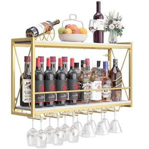 lot 6060 image: Dokser Wine Rack Wall Mounted Shelf - 2 Tier, Rustic Wood & Industrial Iron Frame Wine Bottle Holder for Kitchen, Dining Room, Home Bar Decor (Gold) - Retail $46