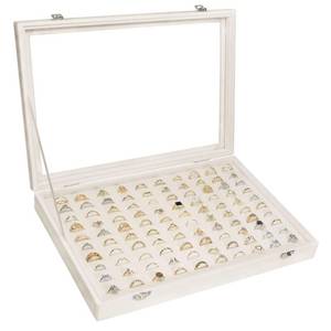 lot 6081 image: Siveit Velvet Ring Display Tray Organizer Box with Transparent Lid, 100 Slot Ring Holder Showcase For Store Display Jewelry Show Home, Ring Organizer For Rings Earrings (Beige)