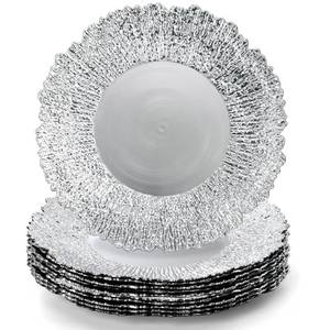 lot 6083 image: Coloch Set of 12 Plastic Charger Plates, 13 Reusable Reef Serving Chargers for Dinner Plate Round Shiny Decorative Charger Plate for Wedding, Catering, Parties, Restaurant, Home Dinner Use (Silver) - Retail $30