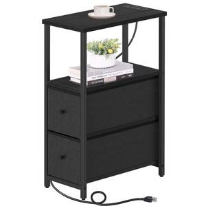 lot 6115 image: TUTOTAK Small Narrow End Table with Charging Station, Side Table with Outlets, Nightstand with 2 Cloth Drawers, Couch Table, for Living Room, Bedroom, Bedside, Black TB01BK085 - Retail $30