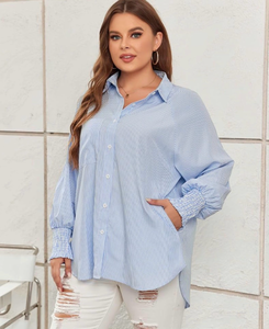 lot 6149 image: LALAGEN Pink Womens Plus Size Oversized Long Sleeve Button Down Shirt Modest Smocked Cuffed Loose Shirts Blouse with Pocket (3XL) PINK