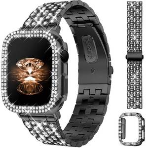 lot 6234 image: JR.DM Diamond Bands with Bling Case Women Compatible with Apple Watch 44mm Dressy Luxury Rhinestone Jewelry Metal Bracelet Wristband with Protector Cover for iWatch Series 654SE Black