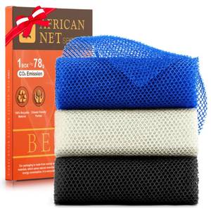 lot 6263 image: UJFQBH 3 Pieces African Bath Sponge African Net Long Net Bath Sponge Exfoliating Shower Body Scrubber Back Scrubber Skin Smoother,Great for Daily Use(Blue,Black,Off-White)