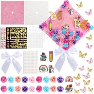 lot 6278 image: 97 Pcs Pastel Classroom DIY Graduation Cap Decorations Mini Artificial Rose Flowers 3D Butterfly Stickers Glitter Alphabet Letter Number Decals for DIY Hat Grad Cap Topper Graduation Party Supplies