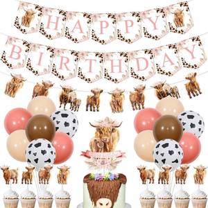 lot 6305 image: Highland Cow Birthday Decorations Girl, Boho Retro Floral Party Supplies - Happy Birthday Banner, Cattle Garland, Cake Toppers, Balloons for Farm Animal Holy Cow Party Decor