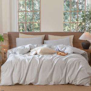lot 6307 image: MooMee Striped Duvet Cover Set 100% Washed Cotton Linen Like Textured Breathable Durable Soft Comfy (Cornflower Blue White Classic Stripes, Queen 90x90)