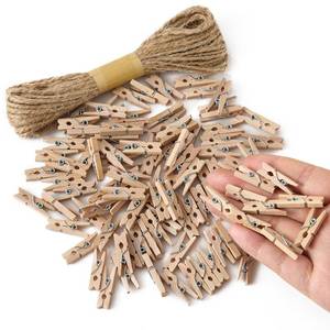 lot 6329 image: 1 Natural Mini Wooden Clothespins 100 Pcs with 33ft Jute Twine Photo Hanging Clips,Small Clothes Pins for Crafts Arts Christmas Wedding Graduation Party