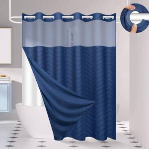 lot 6354 image: FADOTY No Hook Shower Curtain and Snap in Liner Set Navy Blue Tufted Chevron Striped Cloth Waterproof Washable Fabric Boho Bath Curtain with See Through Mesh Top Window for Bathroom Hotel 71 x 86