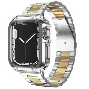 lot 6368 image: Designed for Apple Watch Band and Case, Stainless Steel Metal Chain with TPU Cover, Smart-Watch Link Bracelet Strap, Wrist-Band for i-Watch Series 9 8 7 6 5 4 3 2 1 SE, 45mm 44mm 42mm, SilverGold
