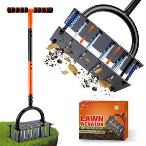 lot 6369 image: Bluesea Lawn Aerator Tool - 16 Iron Spikes with Ergonomic T-Handle, Automatic Dirt Clean for Soil Loosening & Yard Aeration, Manual Metal Grass Aerator (Orange)