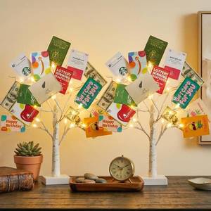 lot 6375 image: EAMBRITE Money Tree Gift Holder, Gift Card Tree 2FT 24LED, Lighted Birch Trees BatteryUSB Powered Timer Photo Display with 24 Clips and 12 Cards for Home Graduation Christmas Picture Memo 2 Pack