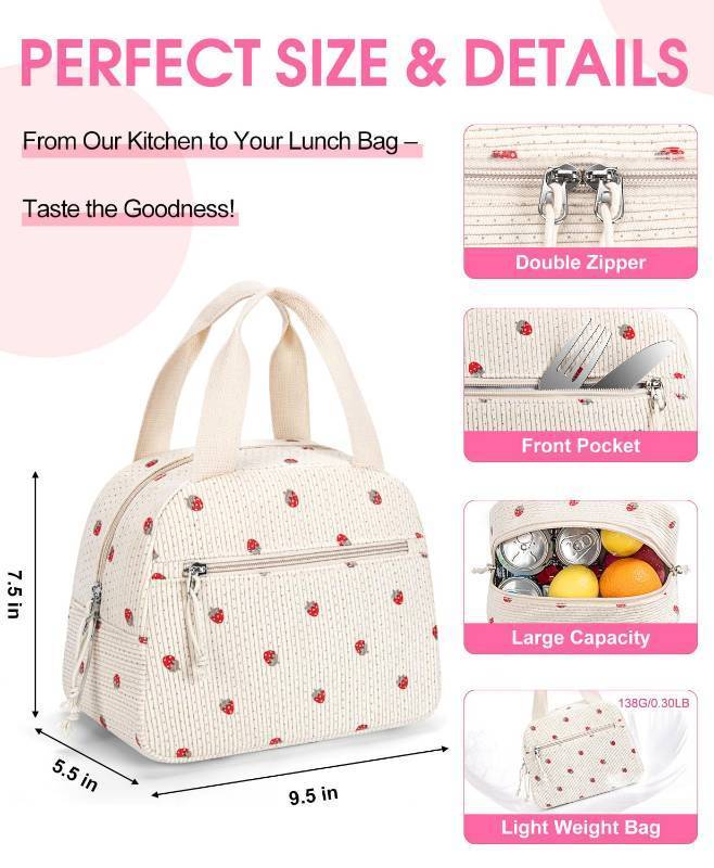 lot 4916 image: MIAOJIE Corduroy Lunch Bag for Women - Small Insulated Lunch Box, Cute Reusable Tote Bag for Work, Daily Commute and Outdoor Picnic - Corduroy Strawberry