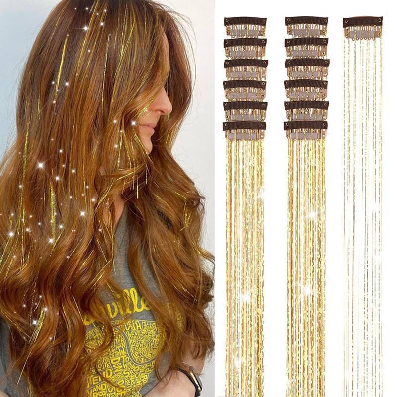 lot 5200 image: Gold Hair Tinsel Packs of 12Pcs Clip in Hair Tinsel Kit 20.5 inch Fairy Hair Tinsel Heat Resistant for Women Girls Glitter Hair Extensions for Christmas New Year Halloween Cosplay Party (Golden)