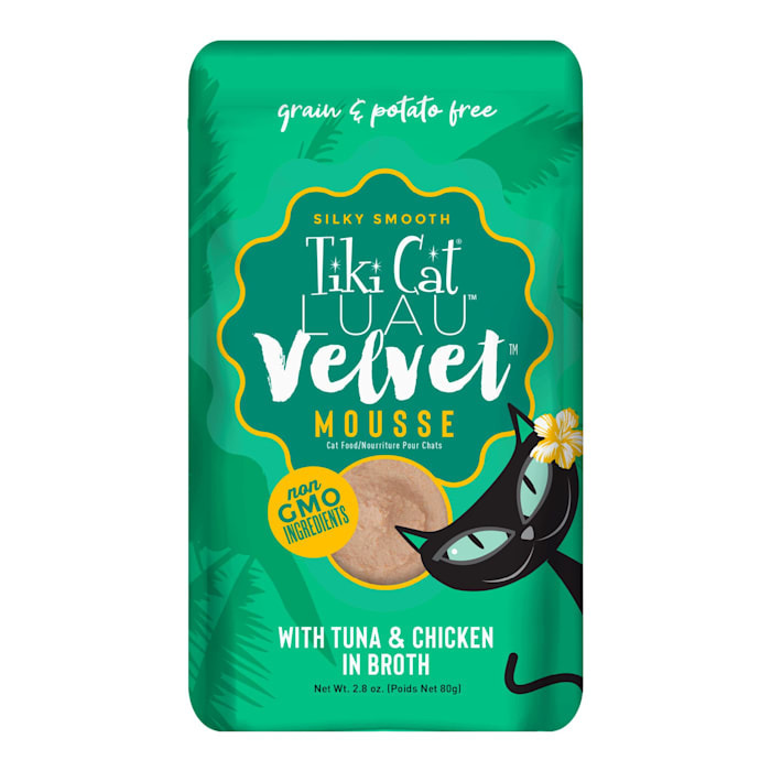 lot 5578 image: Pack of 4 Tiki Cat Luau Velvet Mousse Tuna & Chicken Complete & Balanced Wet Cat Food, 2.8 oz. (Exp. 10172024)