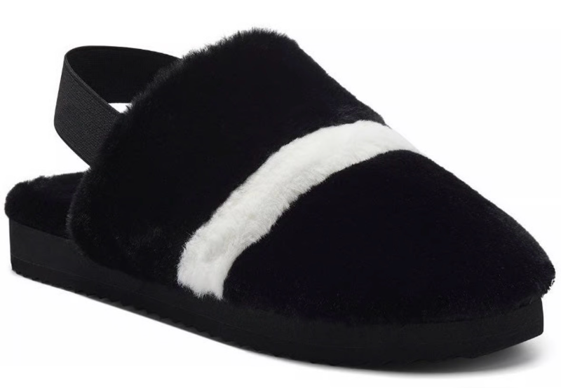 lot 5631 image: INC International Concepts Idalya slippers feature a black faux-fur design with a white strap accent (9M)