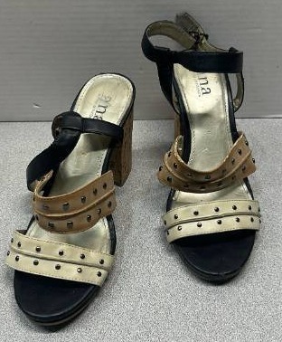 lot 5689 image: Ana A New Approach black and beige strappy sandal heels feature metallic studded detailing along the straps (Size 8 12)