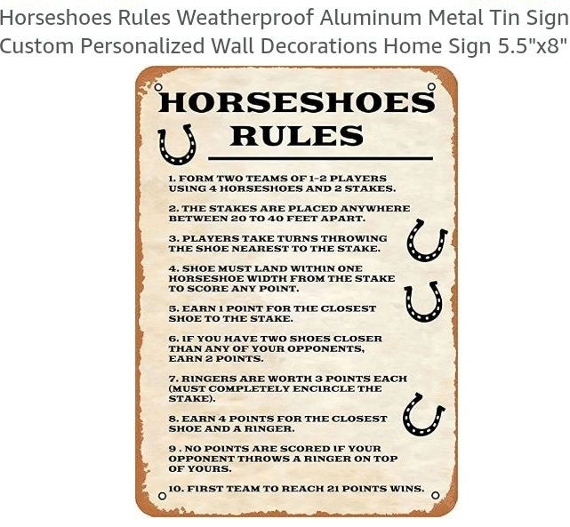 lot 4838 image: Horseshoes Rules Aluminum Metal Tin Sign Wall Decoration